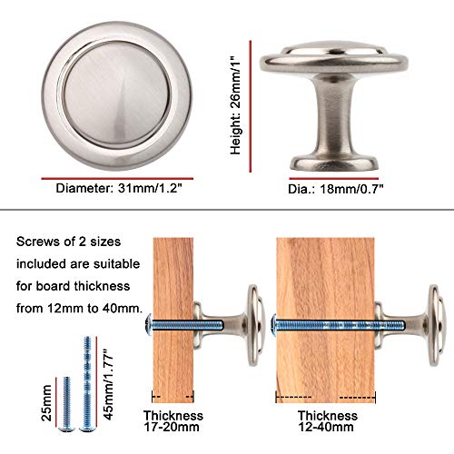 KOOFIZO Stepped Round Cabinet Knob - Shiny Brushed Nickel Pull Handle (Dia.31mm / 1.2 Inch), 10-Pack for Kitchen Cupboard Door, Bedroom Dresser Drawer, Bathroom Wardrobe Hardware