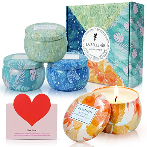 LA BELLEFÉE Seasons Scented Candles 4 x 4.4oz Natural Soy Wax Travel Tin Aromatherapy Candle Set with Greeting Card, Roof Garden, Pumpkin Carriage, White Tea, Winter Cedarwood are fragrant for Gift