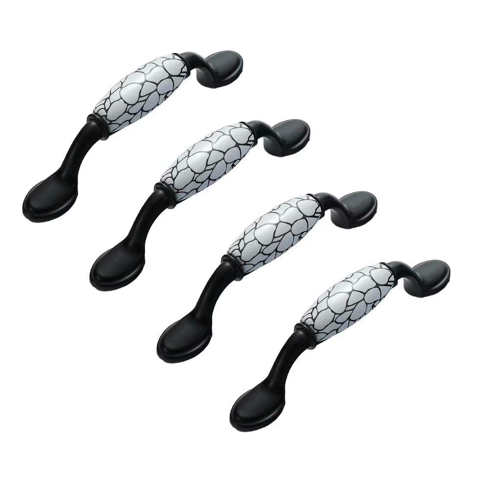 BOZONLI 4 Pack Ceramic Handles, Cupboard Handles, Door Knobs Drawer Handles Cabinet Drawer Cupboard Kitchen Ceramic Pull Handle, Black+Crackle Ceramic, 96mm