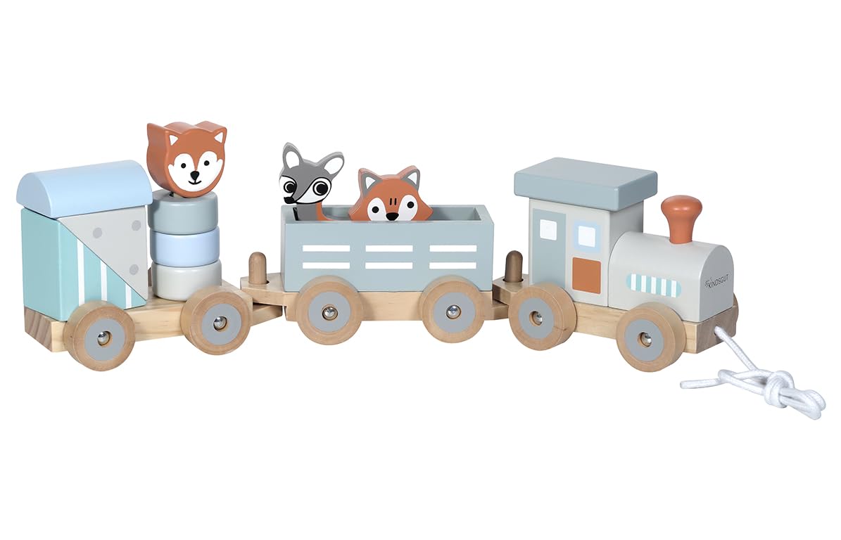 Kindsgut Wooden Train, with Wooden Building Blocks and Zoo Animals, Discreet Colours, Environmentally Friendly Materials and Free from Harmful substances, Stripes