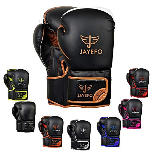 Jayefo Glorious Boxing Gloves Muay Thai Kick Boxing Leather Sparring Heavy Bag Workout Pro Leather Gloves Mitts Work for Men & Women (Black/Copper, 6 OZ)