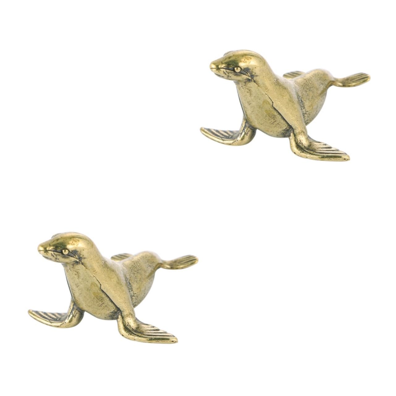 ABOOFAN 2pcs Brass Seal Sea Decor Office Decor Animal Teaching Aid Brass Animal Figurine Ocean Decor Desk Trinkets Seal Table Centerpiece Table Decor Work Miniature
