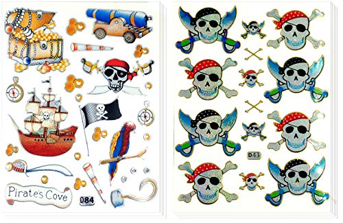 Pirate and Skull Head - 10 Sheets Pirate's Cove Stickers Self-adhesive Glitter Metallic Foil Reflective Decorative Scrapbook for Kids - Size 4 X 5.25 Inch./sheet. (Treasure Chest Skull Bone Compass)