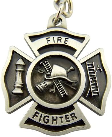 Pewter Fire Fighter Shield Shaped Medal with Ladder and Hydrant Key Chain, 1 1/2 Inch