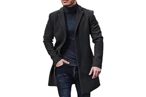 PASLTER Mens Trench Coat Slim Fit Notched Collar Fall Winter Single Breasted Pea Coat Warm Soft Overcoat