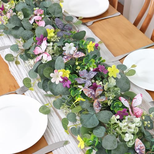 ASTNIC 2 Pack 5.68FT Artificial Eucalyptus Flower Garland with 3D Butterfly, Fake Hanging Plants Floral Vines Greenery Daisy Eucalyptus Garland for Wedding Backdrop Arch Wall Party Table Runner Decor