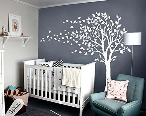 Large Tree Blowing in the Wind Tree Wall Decals Wall Sticker Vinyl Art Kids Rooms Teen Girls Boys Wallpaper Murals Sticker Wall Stickers Nursery Decor Nursery Decals (White-left)