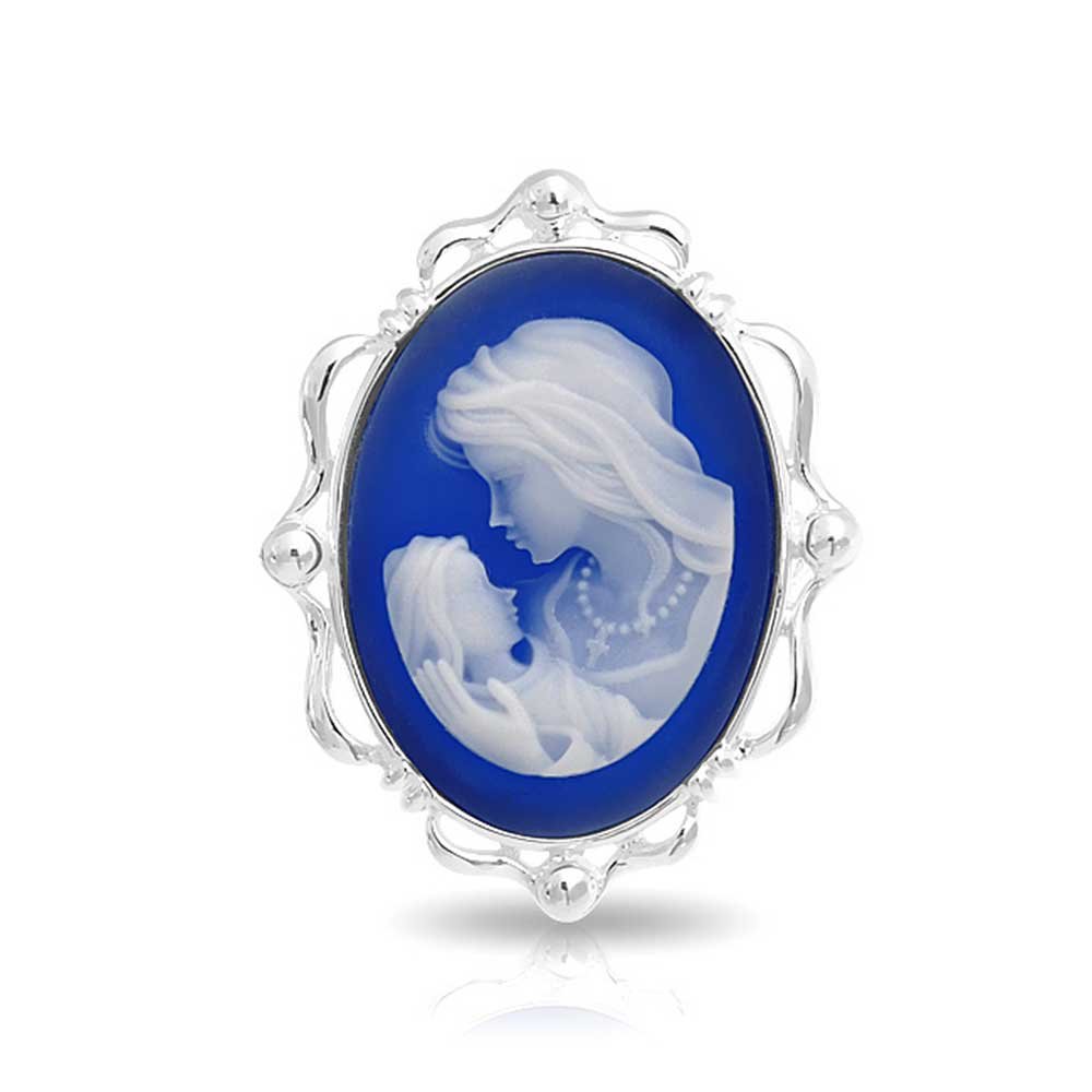 Bling JewelryClassic Antique Vintage Style Blue Black White Carved Oval Simple Framed Victorian Lady Portrait Mother Cameo Pendant Necklace For Women Wife .925 Sterling Silver Customizable