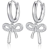 Reffeer Solid 925 Sterling Silver Bow Drop Hoop Earrings for Women Teen Girls Bowknot Hoop Earrings Huggie Ribbon Earrings