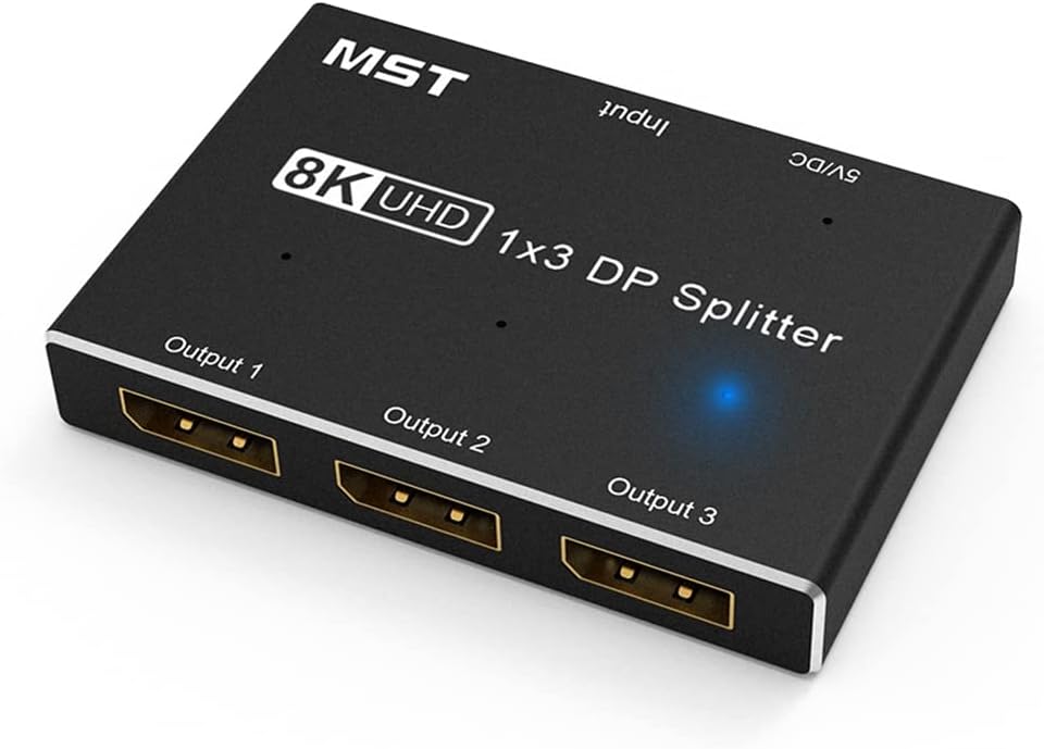 PRIZOM 8K DisplayPort 1x3 Splitter 8K60Hz 4K120Hz Hub Multi Monitor Extended