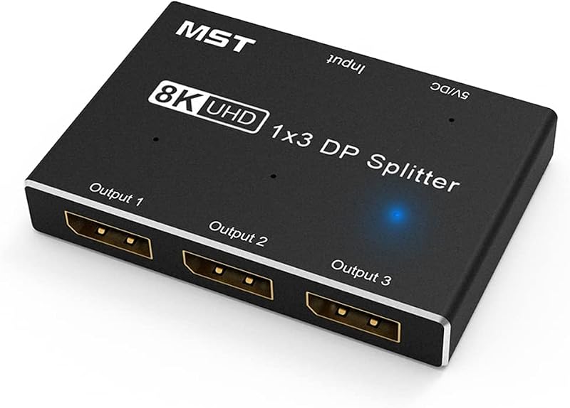 PRIZOM 8K DisplayPort 1x3 Splitter 8K60Hz 4K120Hz Hub Multi Monitor Extended