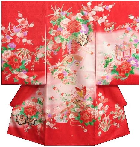 Amazon Co Jp お宮参り着物 赤ちゃん 女の子 正絹女児初着 女の子用産着 赤 花車 扇面 鈴 麻の葉地紋生地 服 ファッション小物