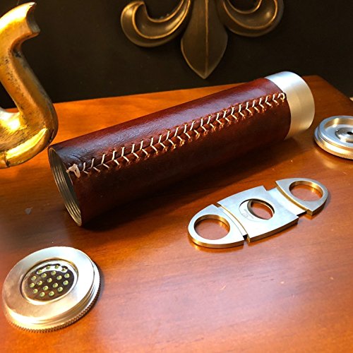 Leather Cigar Humidor and Hygrometer Tube, Built-In Humidifier, Up to 5 cigars case