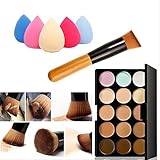 Mefeir 15 Colors Professional Concealer Camouflage Makeup Palette Contour Face Contouring Kit + Oblique Head Contour Makeup Brush with Free Makeup Sponge Blender (Water Drop)