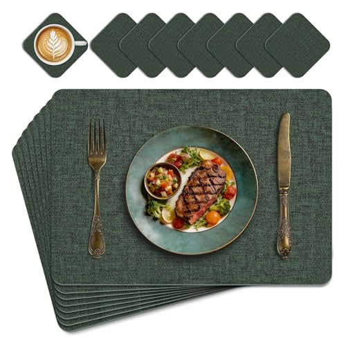 KitchenBoss Washable Placemats Placemats and Coasters: Set of 8 Double-Sided Placemats, Heat Resistant Non-Slip 43X30cm,Green
