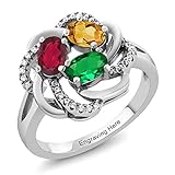 Build Your Own Ring - Personalized 3 Birthstone Flower Blossom Ring in Rhodium Plated 925 Sterling Silver