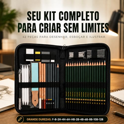 Kit Lapis de Desenho Profissional 42 Peças com Estojo Portátil, Lapis Grafite Profissional, Borrachas, Estilete e Acessórios para Artistas e Estudantes Linha Super Premium