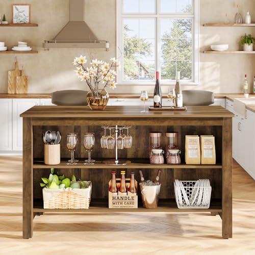 Tribesigns Kitchen Island with Seating and Storage, 59-Inch Large Farmhouse Stationary Island Table for Kitchen, 3-Tier Counter Height Coffee Bar Tables for Dining Room, Rustic Brown