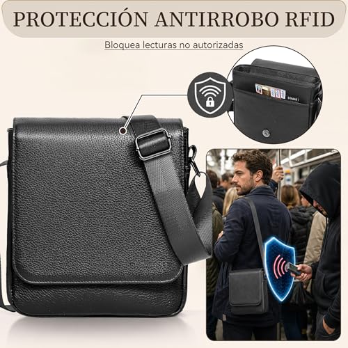 Eshow Genuine Leather Crossbody Bags for Men, RFID Blocking Anti-Theft Bag for Work University Business Travel and Urban Commuting, Black/White, Formal | Bolso Antirrobo para Trabajo Universidad Negocio Viajes y Desplazamientos Urbanos