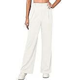 HEPOE Wide Leg Pants for Women, High Waisted Stretchy Work Dress Casual Pants, Waffle Slacks Business Trousers-White, Medium