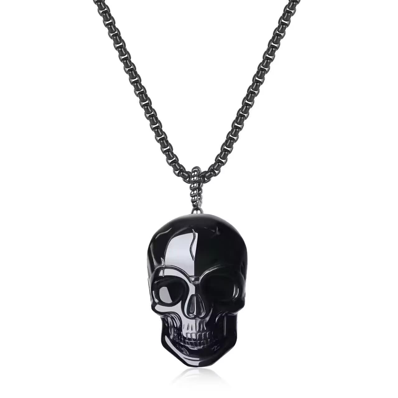 COAI Stainless Steel Chain Skull Black Obsidian Crystal Necklace 60cm