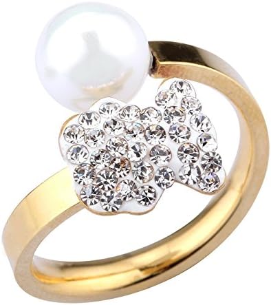Richapex High-end 18k Gold Plated Silver Teddy Bear Ring with Cubic Zirconia and Shell Pearl Openning for Women Girl Lady Stainless Steel (gold-plated-base, 9)
