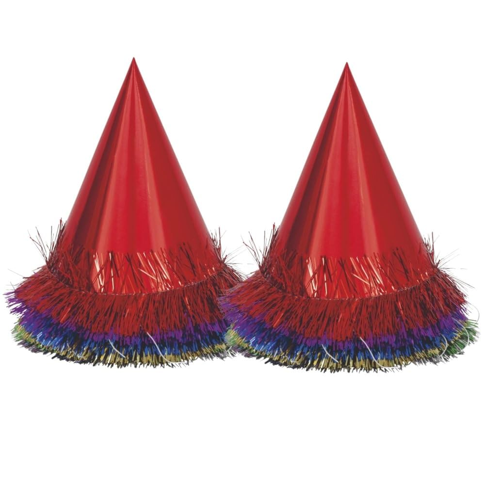 Assorted Color Fringed Foil Deluxe Party Hats - 6 Count - Fun & Festive Headwear for Celebrations and Events