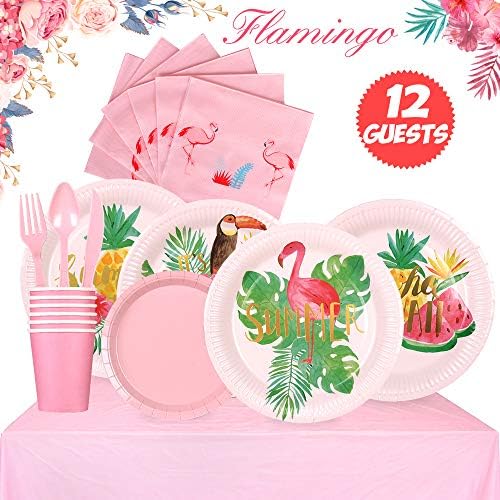 Partybus Pink Flamingo Party Supplies Set - Serves 12, 93 Ct, Tropical Hawaiian Luau Theme Party Disposable Tableware Kit for Boys Girls Kids Birthday Decorations, Includes Dinner Plates, Dessert Plates, Napkins, Cups, Table Cloth, Silverware