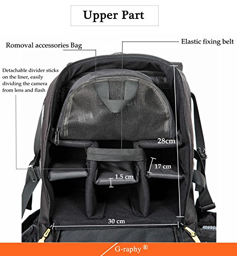 G-raphy Large Camera Backpack Bag Hiking Travel Backpack for All DSLR SLR Cameras, Laptops, Tripods and Accessories (Black)