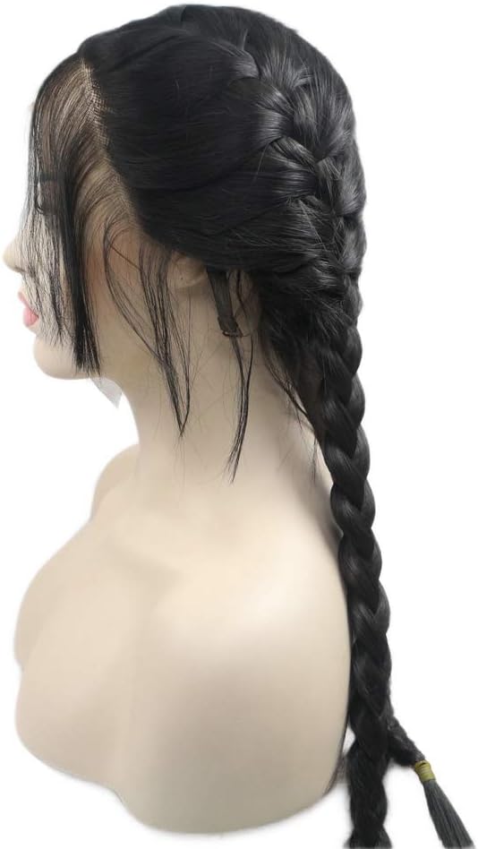 24inches Double Braided Wigs Black Cool Color Synthetic Lace Front Wigs with Baby Hair Cosplay Long Wig Natural Hairline for Women Lady 2x Twist Braids Wig Daily Wear (1B#) - Image 5
