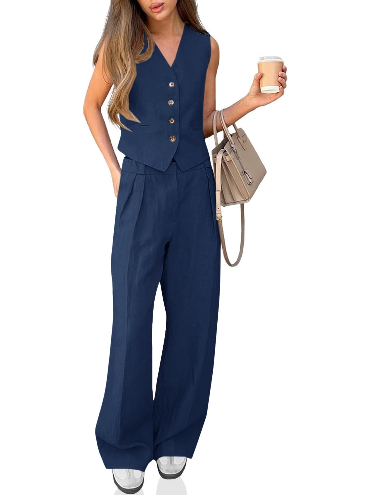 Photo 1 of Cicy Bell Women's 2 Piece Outfits V Neck Crop Vest Blazer and Wide Leg Suit Pants Sets Dark Blue