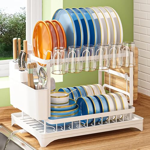 ZERIFAM Dish Drying Rack - 2 Tier Dish Drying Stand, Kitchen Countertop Storage Racks, With Chopstick Bucket, Cutting Board Rack, Knife Rack And Cup Holder. (White)