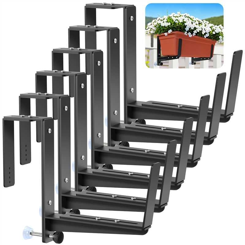 Photo 1 of VOXOR Window Box Brackets, Adjustable Planter Box Brackets, Heavy Duty Iron Flower Box Brackets for Railings, with Enhanced Bottom Support - Perfect for Balconies, Fences, and Gardens (6 Pack)