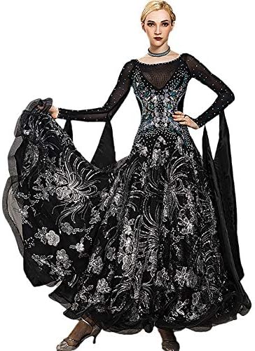 社交ダンス ワンピース キラキラ ブラック 黒 競技着 演出用 大きい裾 ダンス衣装 レディース パーティー舞台衣装 ステージ衣装 ワルツ ロング おすすめ 豪華なドレス ダンスウェア モダンドレス ラテンダンス