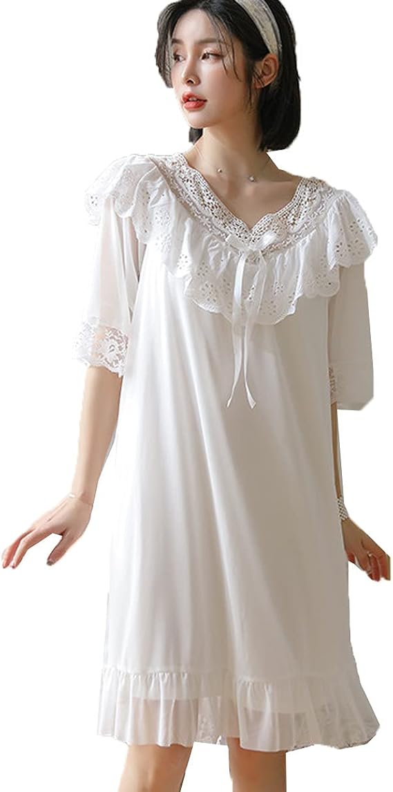 Amazon Jinpin パジャマ レディース ネグリジェ ルームウェア ルームワンピース ナイトウェア ワンピース 半袖 部屋着 寝間着 ナイトドレス スリップウェア レース プリンセス お姫様 姫系 フリル 可愛い ロング マキシ チュール フレア 夏 ゆったり ルーム