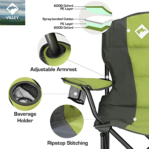 VILLEY Camping Chair, Oversized Folding Camp Chair, Portable Outdoor Chairs Support 450 LBS with Padded Seats, Cooler Bag, Cup Holder, Carry Bag, Green