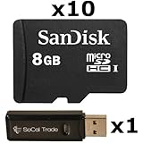 10 PACK - SanDisk 8GB MicroSD HC Memory Card SDSDQAB-008G (Bulk Packaging) LOT OF 10 with SoCal Trade USB 2.0 MicoSD & SD Memory Card Reader