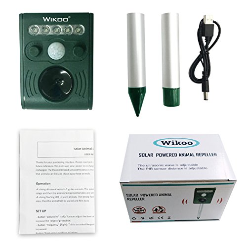 Wikoo Ultrasonic Solar Animal & Pest Repeller, Waterproof Repellent, Pest Control for Dogs, Foxes, Birds, Skunks, Rodents etc, Motion Activated, Includes USB Cable