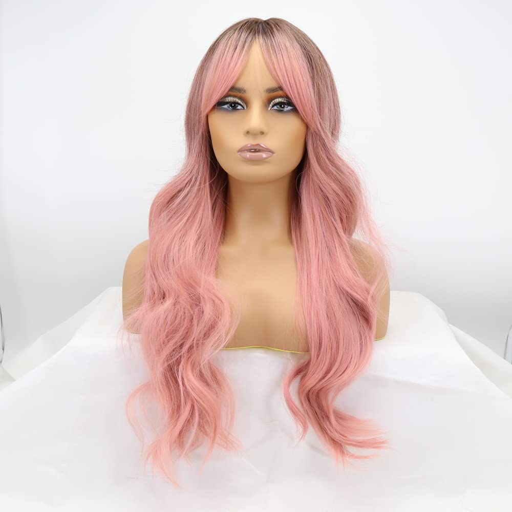 Xiweiya Wigs Ombre Orange Pink Wig with Air Bangs Hair Long Wavy Synthetic Straight Heat Resistant Fiber Wigs Middle Parting for Women, Drag Queen Cosplay Makeup