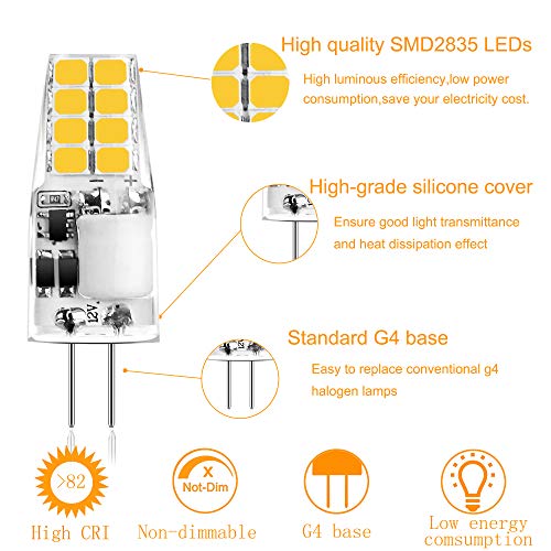 Sylvwin G4 LED Lampadina,3W Lampade LED Equivalente a 35W Lampadine Alogene,Bianco Caldo 3000K,350LM,12V AC/DC Angolo del Fascio 360°,Lampada LED G4 Senza Sfarfallio,Non Dimmerabile,10 Pezzi