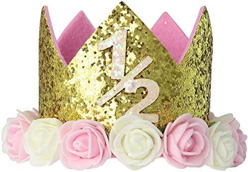Birthday Hat Cute Baby Crown Princess Tiara Sparkle Gold Pink Flower