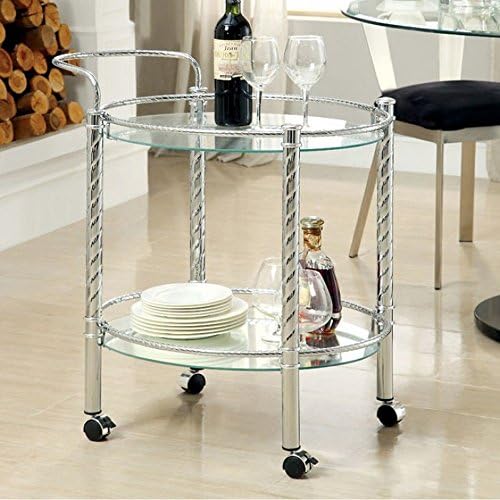 Contemporary Serving Cart Round Tempered Glass Top and Bottom Shelf Glass Chrome Finish