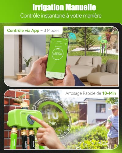 RAINPOINT Programmateur Arrosage WiFi 4 Zones avec Hub, Contrôleur d'Arrosage Intelligent avec Débitmètre, Entrée/Sortie en Laiton, Compatible Alexa/Google, pour Jardin et Pelouse