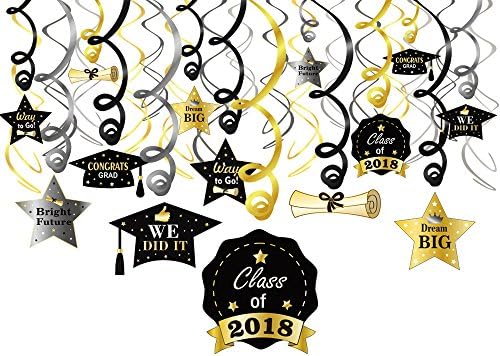 Konsait Graduation Hanging Decorations Swirls, Graduation Party Supplies 2018 | Graduation Wishes | Mortarboards | Diplomas Hanging Ceiling Graduation Decorations for School Prom Grad Party, 30pcs