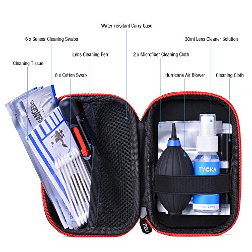 Tycka Professional Camera Cleaning Kit (with Waterproof case), 30ml Non-Toxic Alcohol-Free Cleaning Solution, Improved uni-Body air Blower, Cleaning swabs, lenspen for DSLR, Lens and Sensors