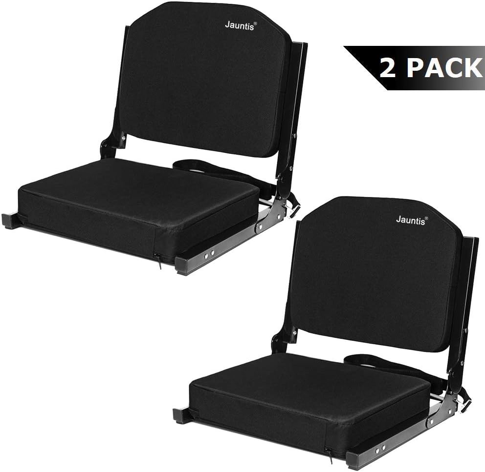 Jauntis Stadium Seats for Bleachers, Bleacher Seats with Ultra Padded Comfy Foam Backs and Cushion, Wide Portable Stadium Chairs with Back Support and Shoulder Strap, 2 Pack, Black
