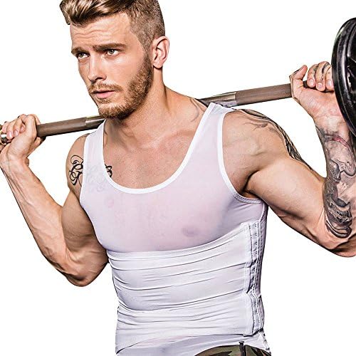 Men Slimming Tank Tops, Body Shaper Elastic Vest Shirt With Adjustable Compression Belt Weight Loss Workout (XL, White)