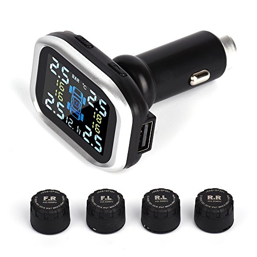 GZCRDZ TP720 Tire Pressure Monitoring System, Wireless TPMS with 4 External Sensors, Cigarette Lighter Plug LCD Display with Tire Pressure, Temperature Gauge and Battery Voltage (Black)