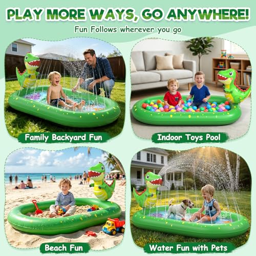 Inflatable Paddling Pool for Kids, Splash Pad for Kids, 3 in 1 Dinosaur Pattern Kids Pool Inflatables, Thickened Material with Water Pipe, Backyard Summer Water Toys for Boys and Girls Age 1+