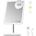 DESCHEN 2000mAh Rechargeable Makeup Vanity Mirror with Lights, 11.6" Large Lighted Makeup Mirror with 3 Color Lights and 3.5" Detachable 10X Magnification, Light Make Up Desk Mirror with Lighting